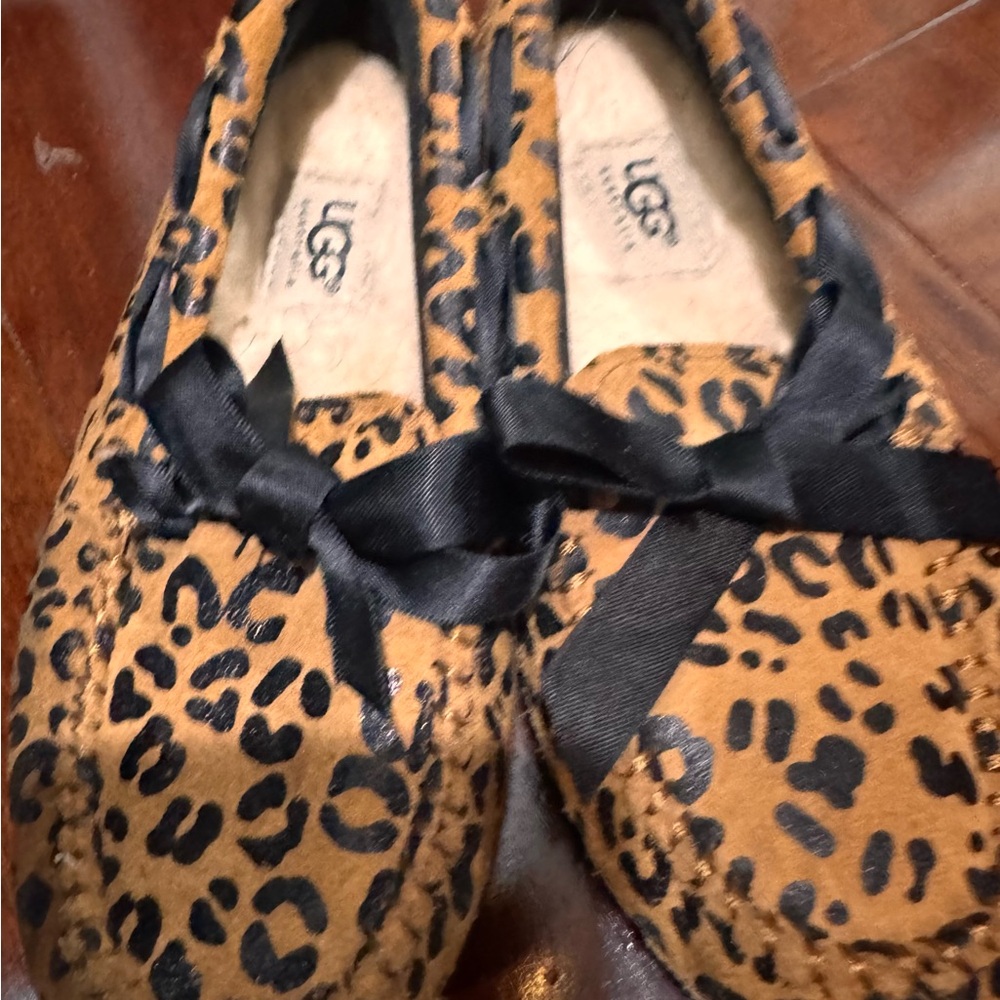 UGG Tan Leopard Moccasins with Black Bow